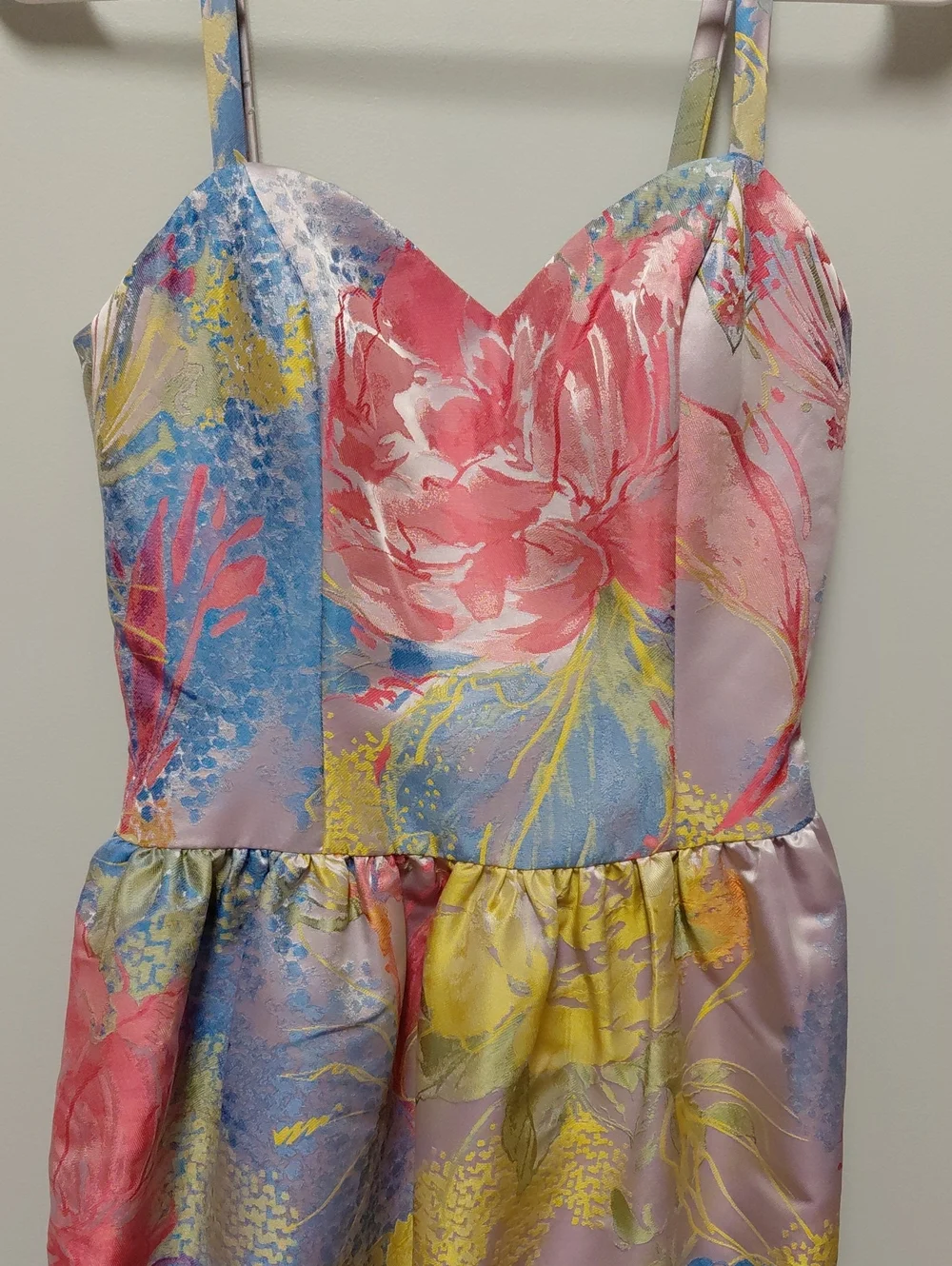 Aidan Mattox  Floral Satin Maxi Dress in Pink, Yellow & Blue